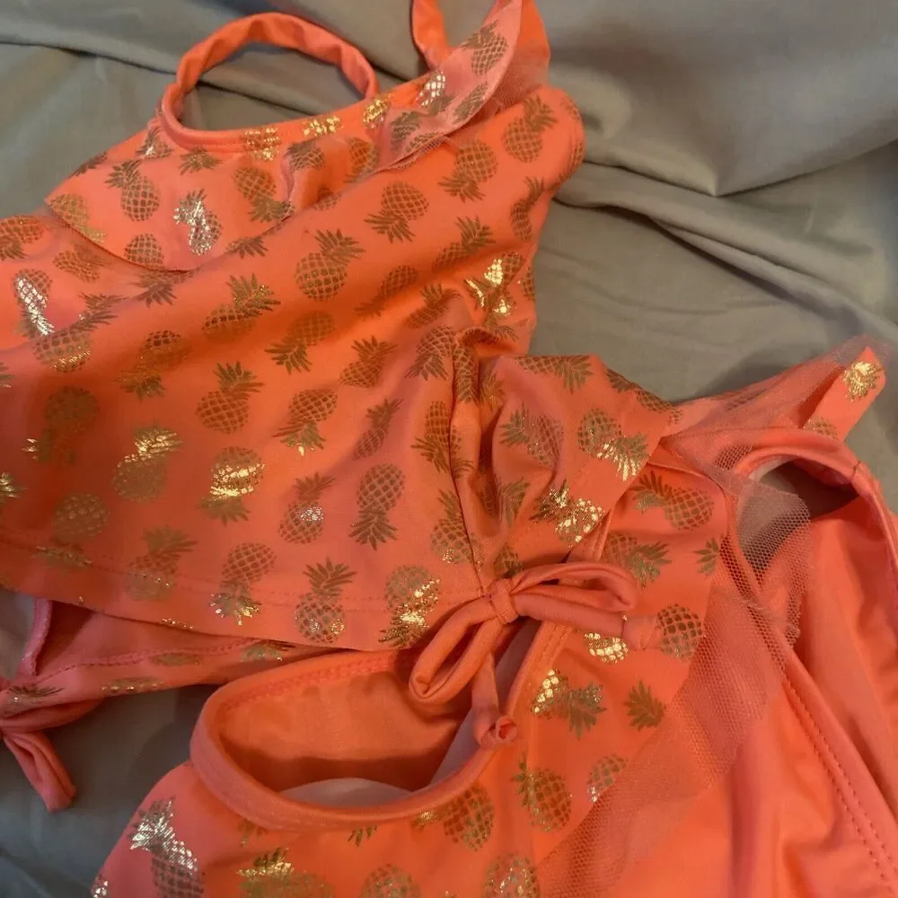 Real Love Coral 2-Piece‎ Girls Size 4T Swimsuit W/Metallic Gold Pineapple Design
